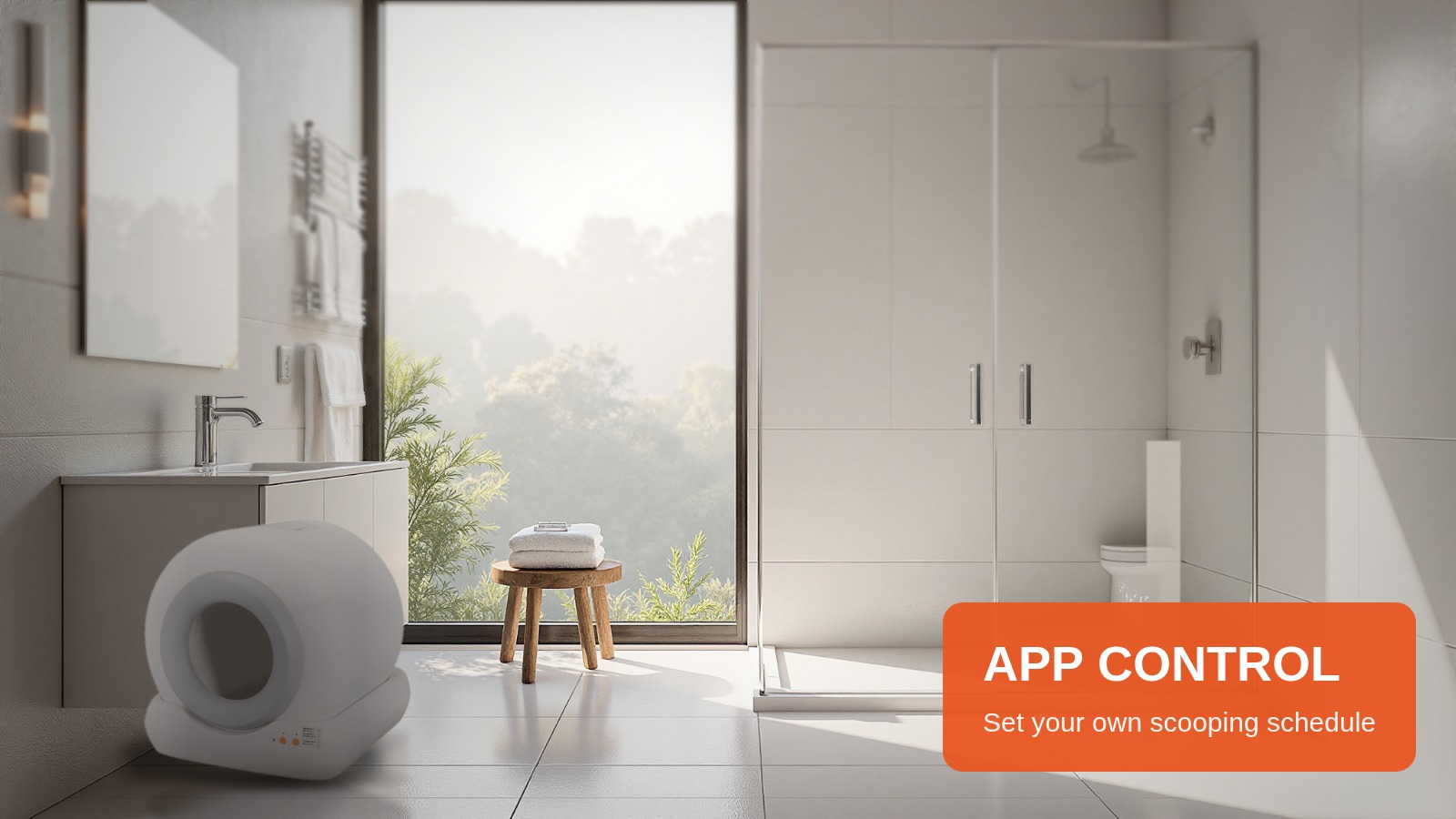 Smart cat litter box in a bathroom, with scooping schedules set from the app