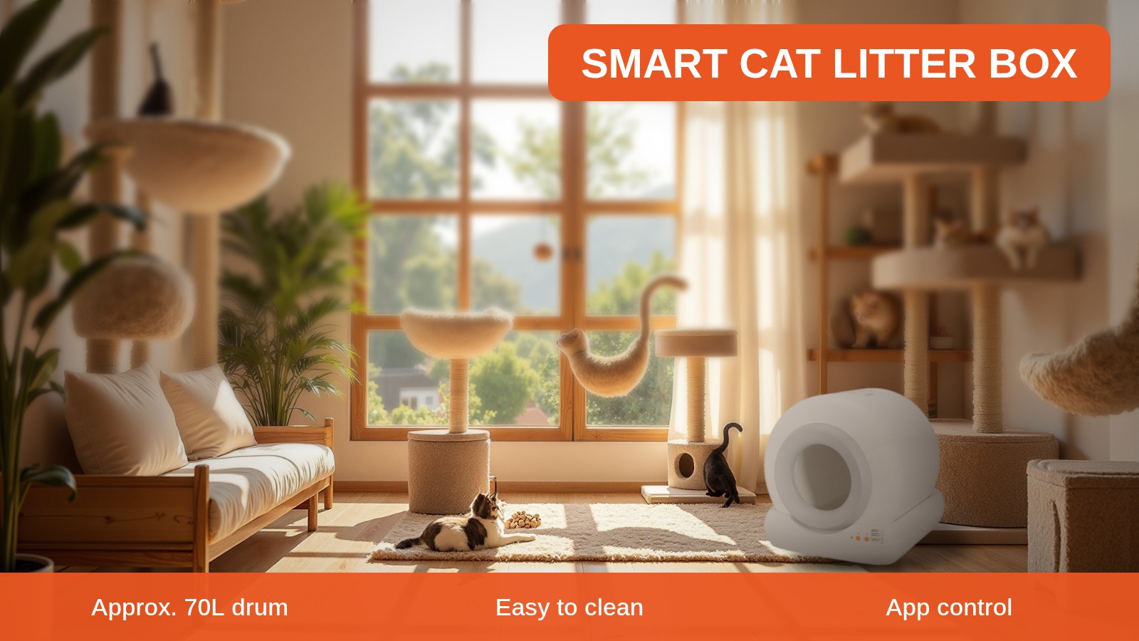 Smart cat litter box standing on a sunlit living room floor beside a resting cat